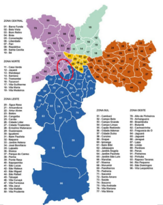 a map of the city of São Paulo, with the different neighborhoods outlined and color-coded according to the 5 zones of the city (north, east, south, west, center) and the neighborhood of Pinheiros circled in red